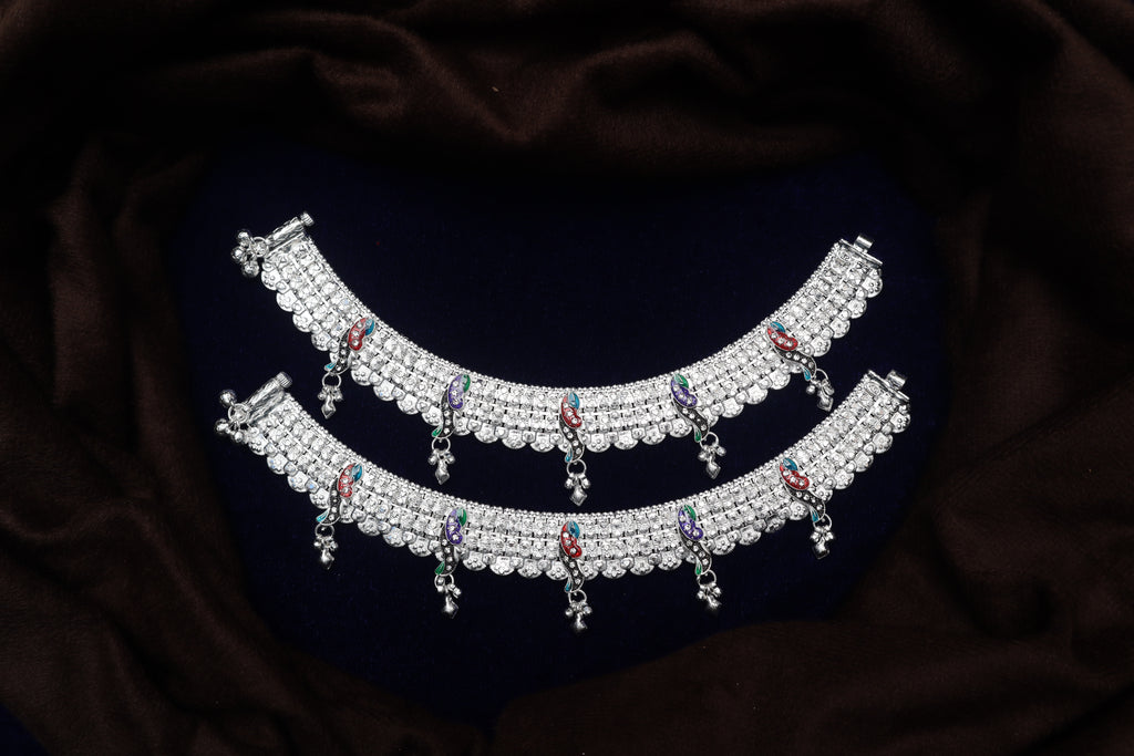 Exquisite Indian Bridal Silver Payal Set – Heavy Fancy Anklets with Vibrant Meenakari Work