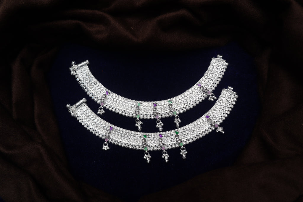Traditional Silver Payal with Colorful Meenakari Accents | Heavy Bridal Anklets with Hanging Ghungroo | Ethnic Stone-Studded Indian Leg Chains for Women
