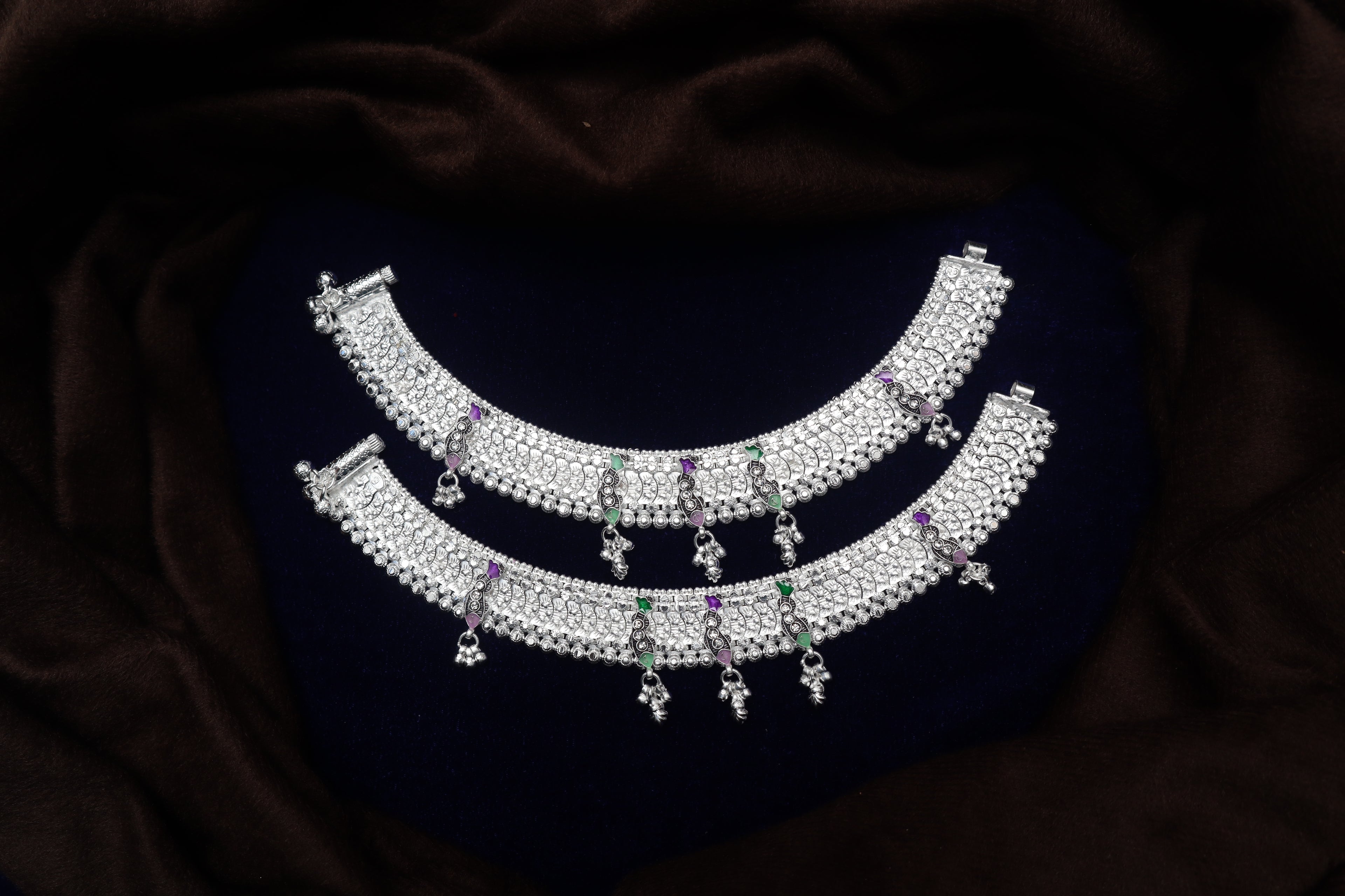 Traditional Silver Payal with Colorful Meenakari Accents | Heavy Bridal Anklets with Hanging Ghungroo | Ethnic Stone-Studded Indian Leg Chains for Women