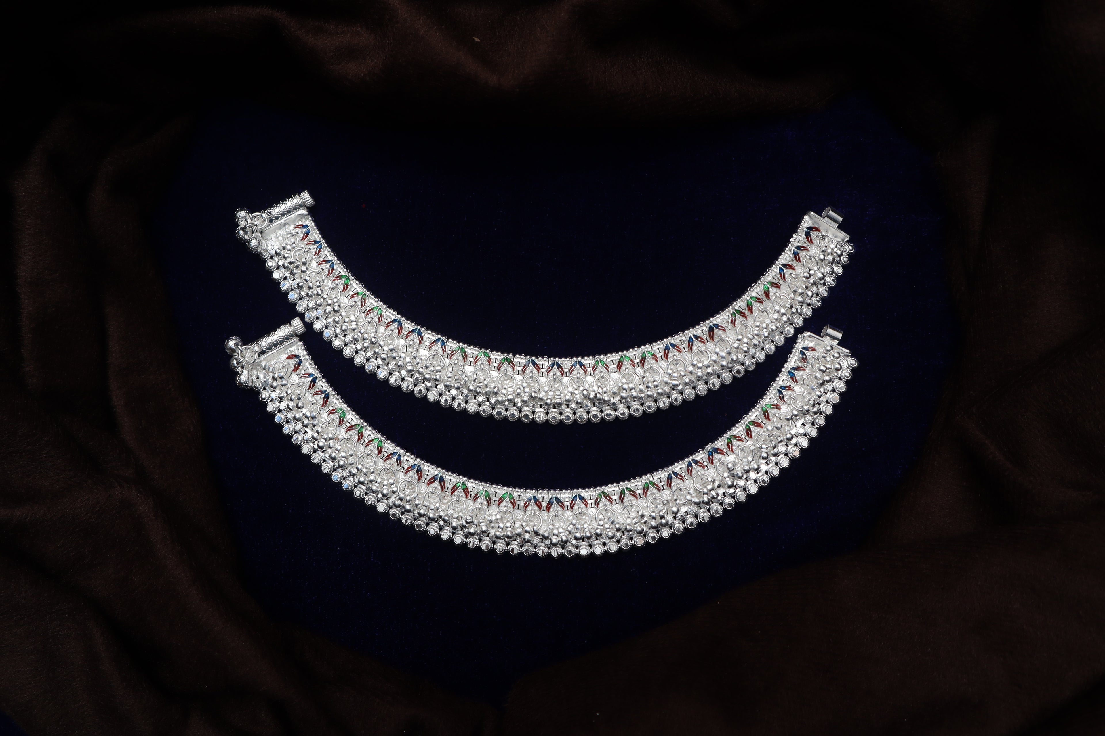 Traditional Silver Payal with Multi-Color Enamel Work | Heavy Bridal Anklets with Meenakari Leaf Patterns | Ethnic Indian Leg Chains for Women & Brides