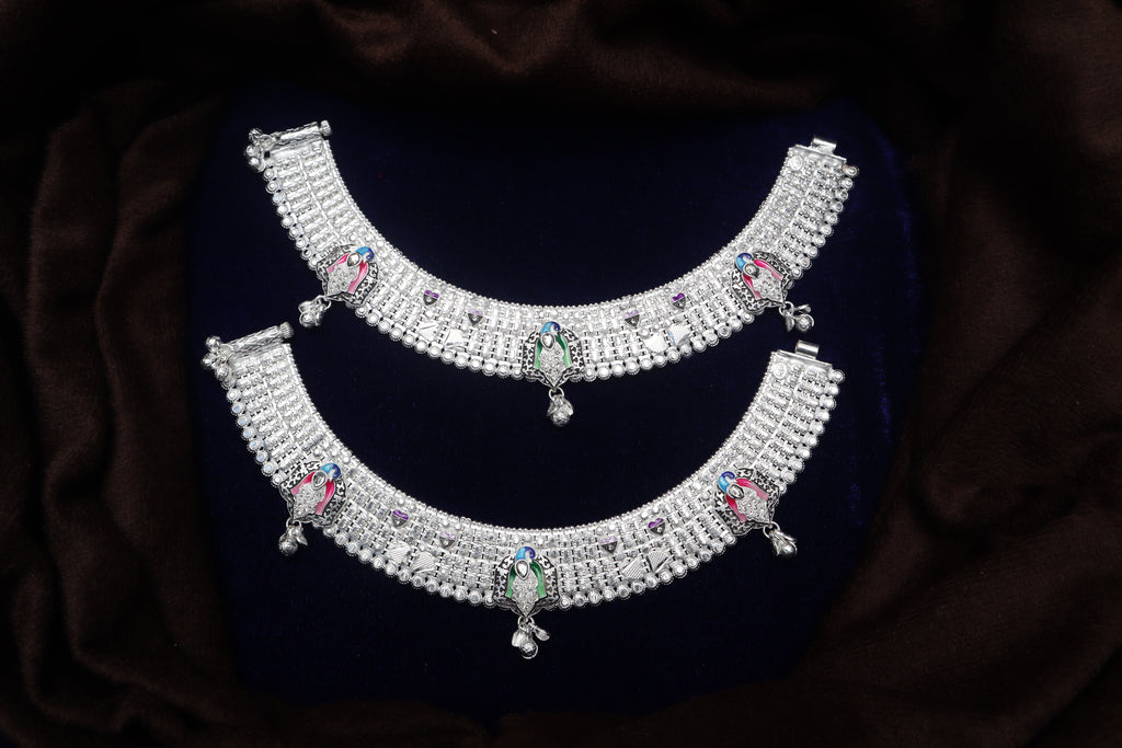 Traditional Peacock Motif Silver Payal with Enamel Work | Heavy Bridal Anklets with Hanging Ghungroo Charms | Ethnic Multi-Color Meenakari Leg Chains for Women