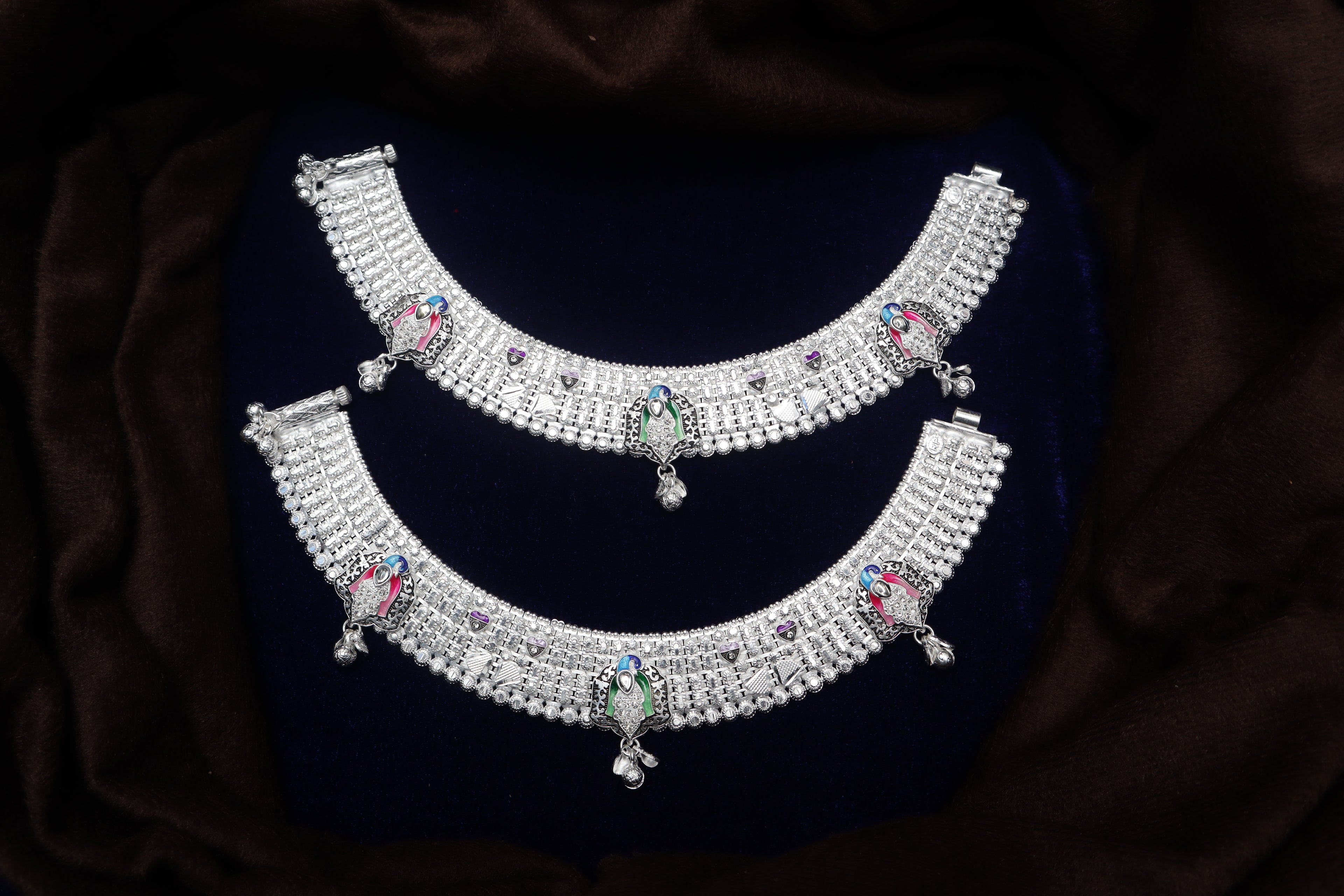 Traditional Peacock Motif Silver Payal with Enamel Work | Heavy Bridal Anklets with Hanging Ghungroo Charms | Ethnic Multi-Color Meenakari Leg Chains for Women
