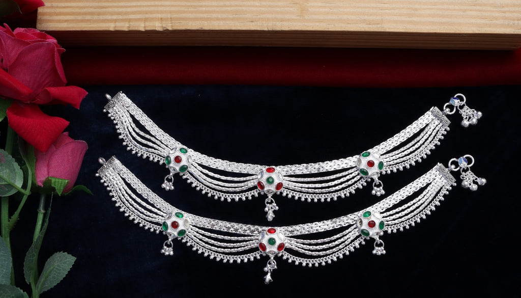 R Plus Heavy Multi-Layered Silver Plated Payal - Traditional 80-150g Bridal Anklets with Ruby & Emerald Stones