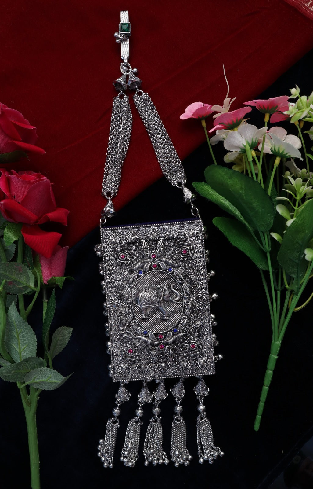 R Plus Antique German Silver Hip Ornament - Intricate Elephant Carved Chabi Challa with Stone Accents
