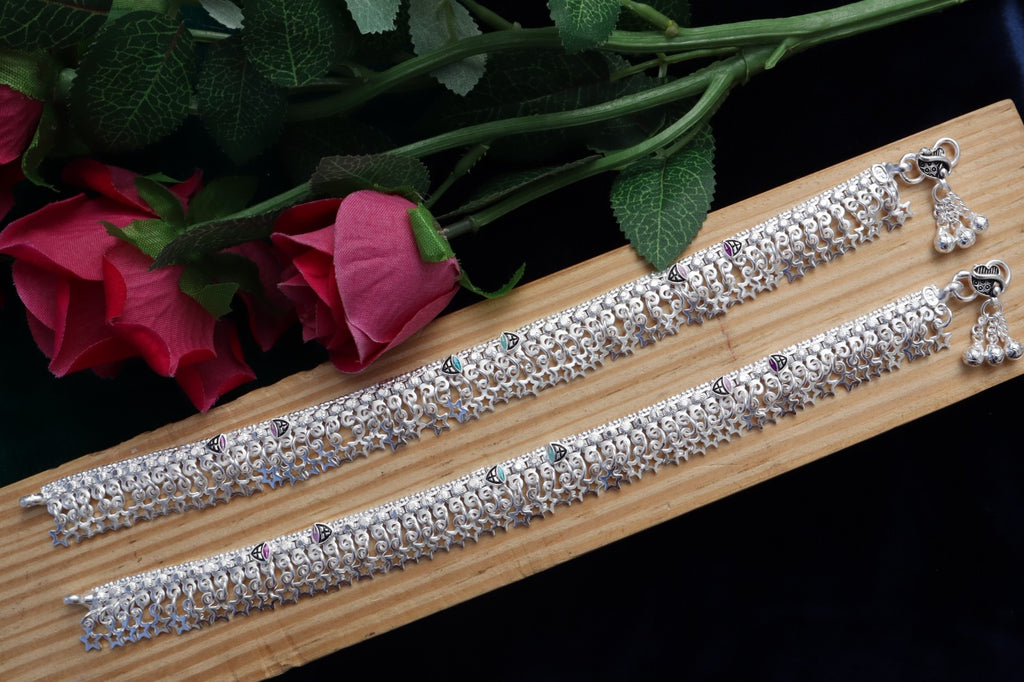 R Plus German Silver Daliya Sitara Anklets - Wide Star-Cut Silver Plated Payal (Pair)