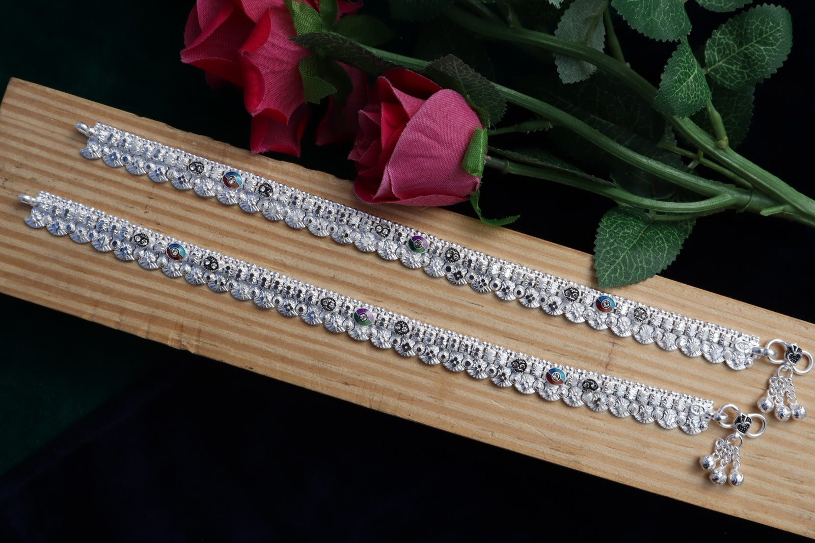 R Plus German Silver Mina OXO Anklets - Oxidized White Silver Plated Wide Payal (Pair)