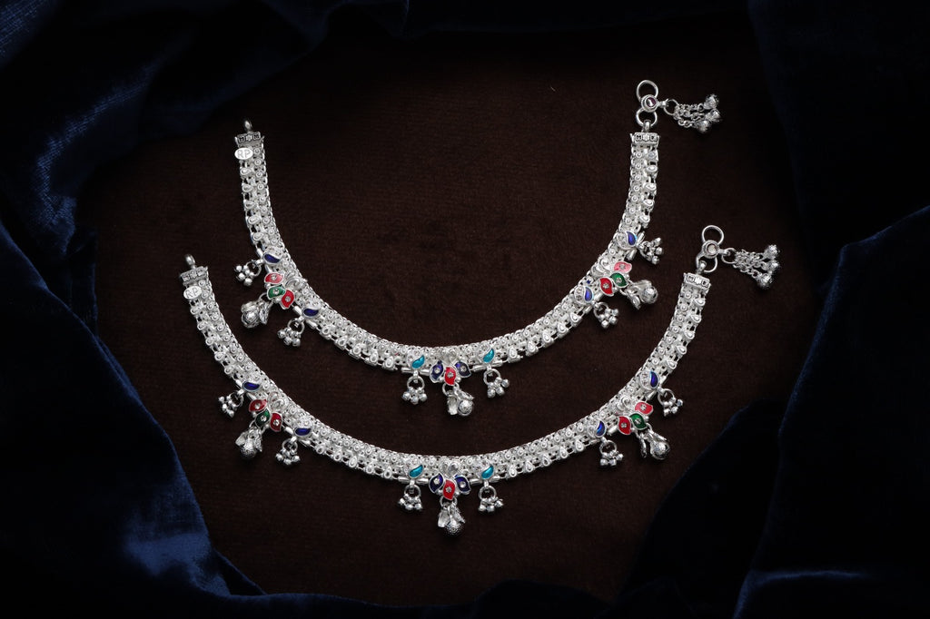 Elegant German Silver Fancy Payal | 0 Touch Silver Plated Artificial Anklet