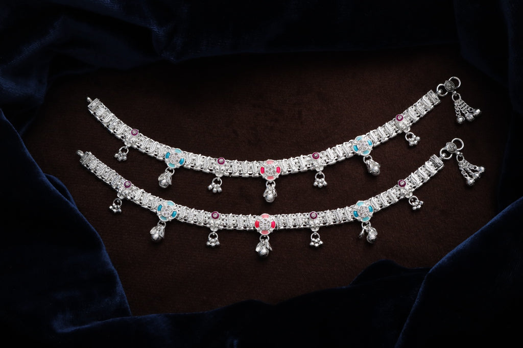 Elegant German Silver Fancy Payal | 0 Touch Silver Plated Artificial Anklet