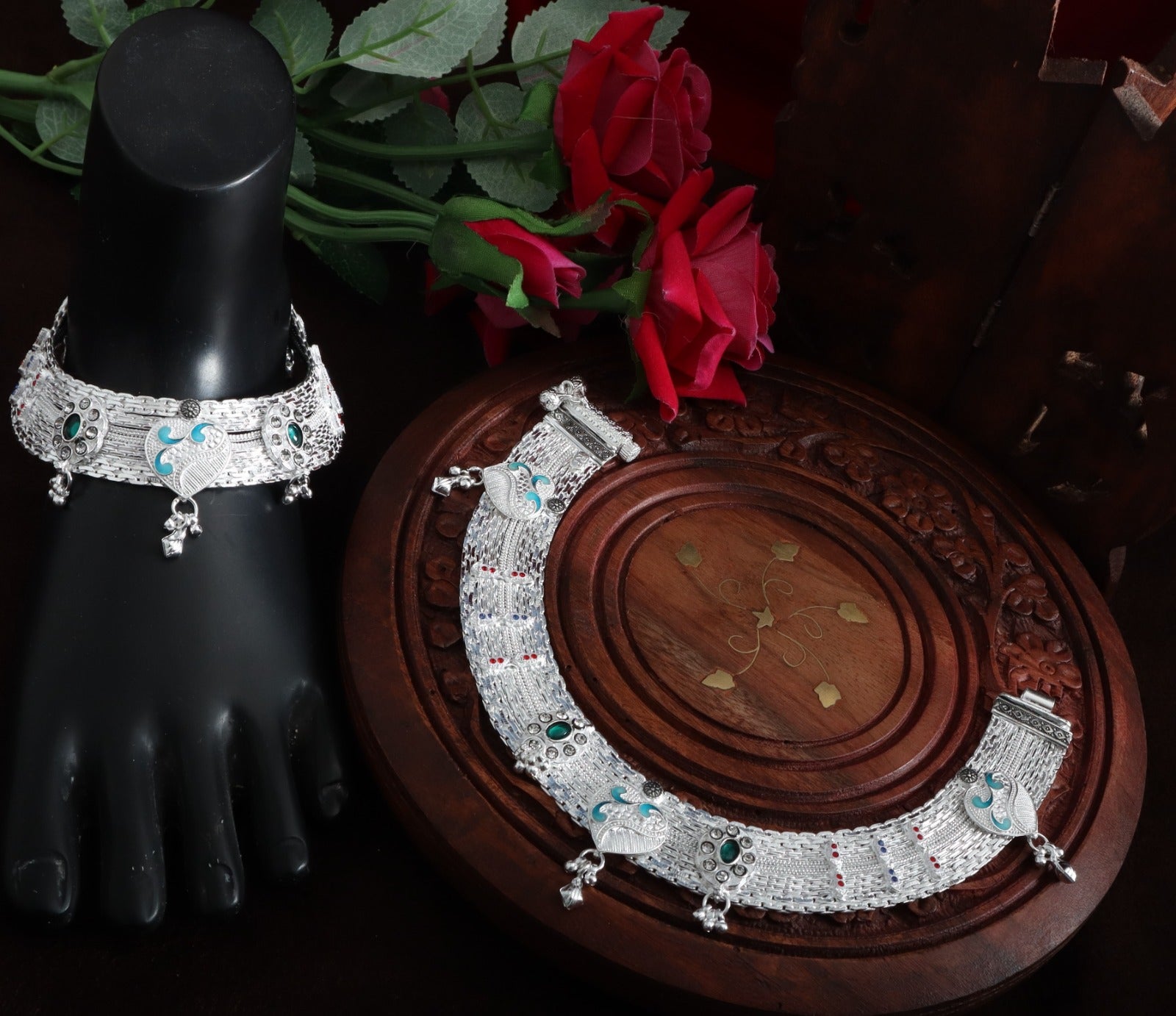 Vintage Boho Meenakari Anklets – Premium Silver-Plated Imitation Payal Set