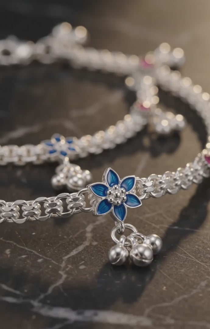 Premium German Silver White Metal Heritage Payal with Multi-Color Accents