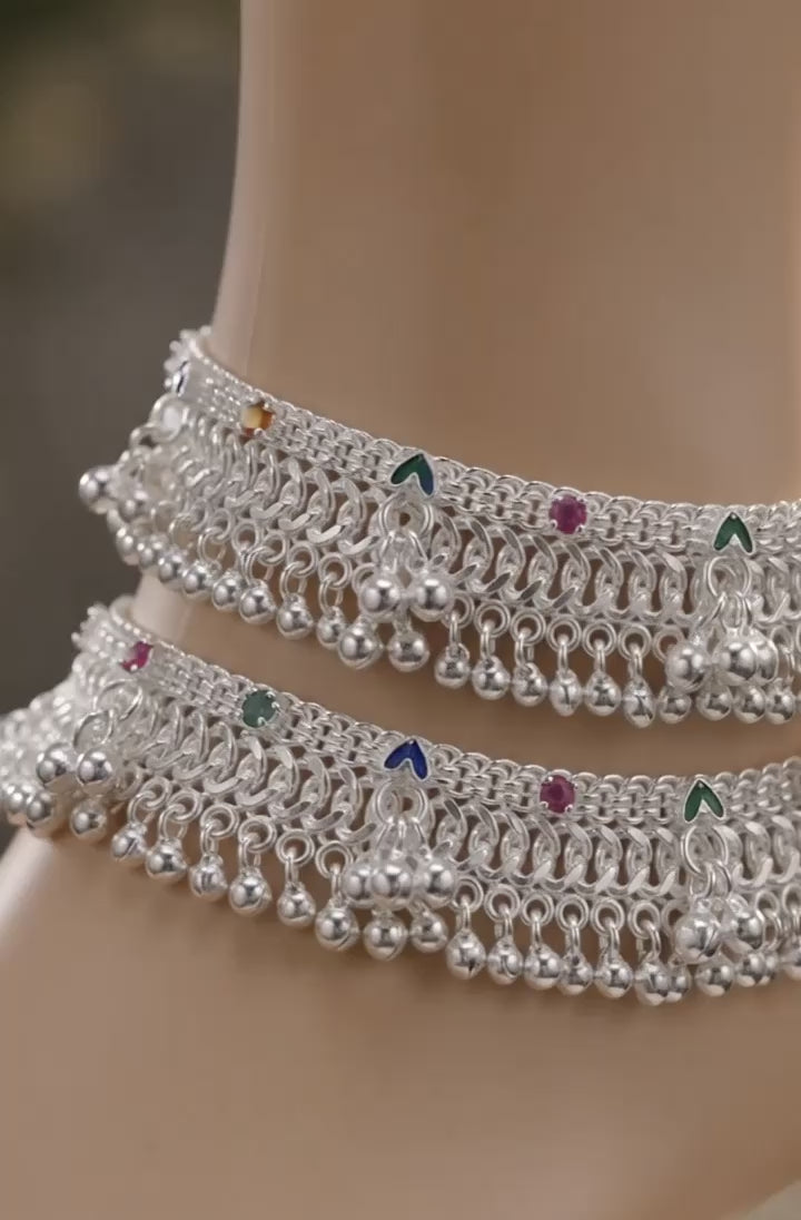 Ornate Bridal Silver Payal Set – Heavy Traditional Indian Anklets with Ghungroo Fringe