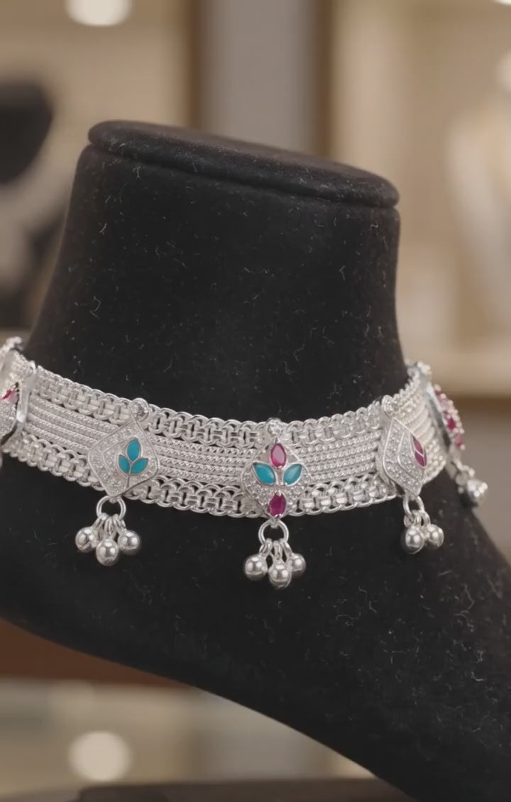 R Plus Royal Meenakari Bridal Payal - Heavy Wide Mesh Silver Plated Anklets with Maroon Enamel
