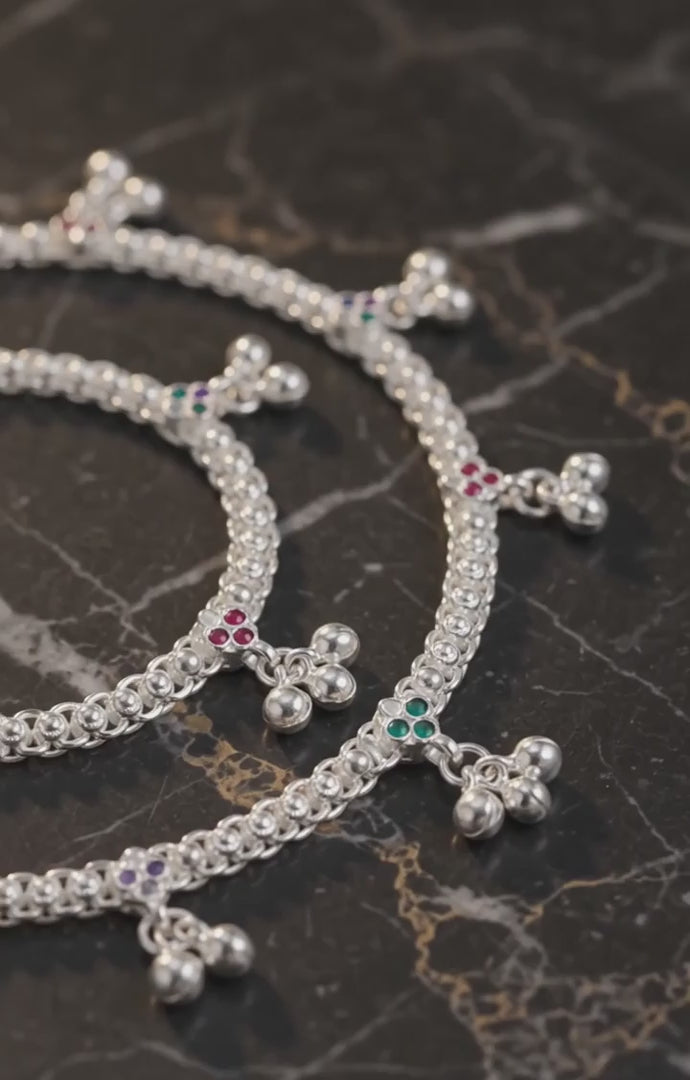 Premium German Silver White Metal Heritage Payal with Multi-Color Accents