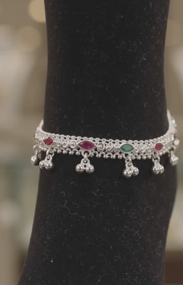 Oxidized Heritage Slim Payal with Ruby & Emerald Accents by Radhe Payal
