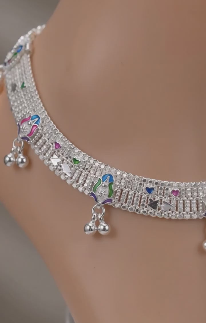 Traditional Peacock Motif Silver Payal with Enamel Work | Heavy Bridal Anklets with Hanging Ghungroo Charms | Ethnic Multi-Color Meenakari Leg Chains for Women