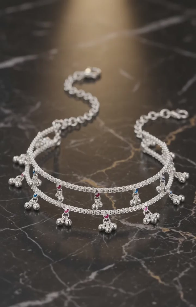 Premium German Silver White Metal Heritage Payal with Multi-Color Accents