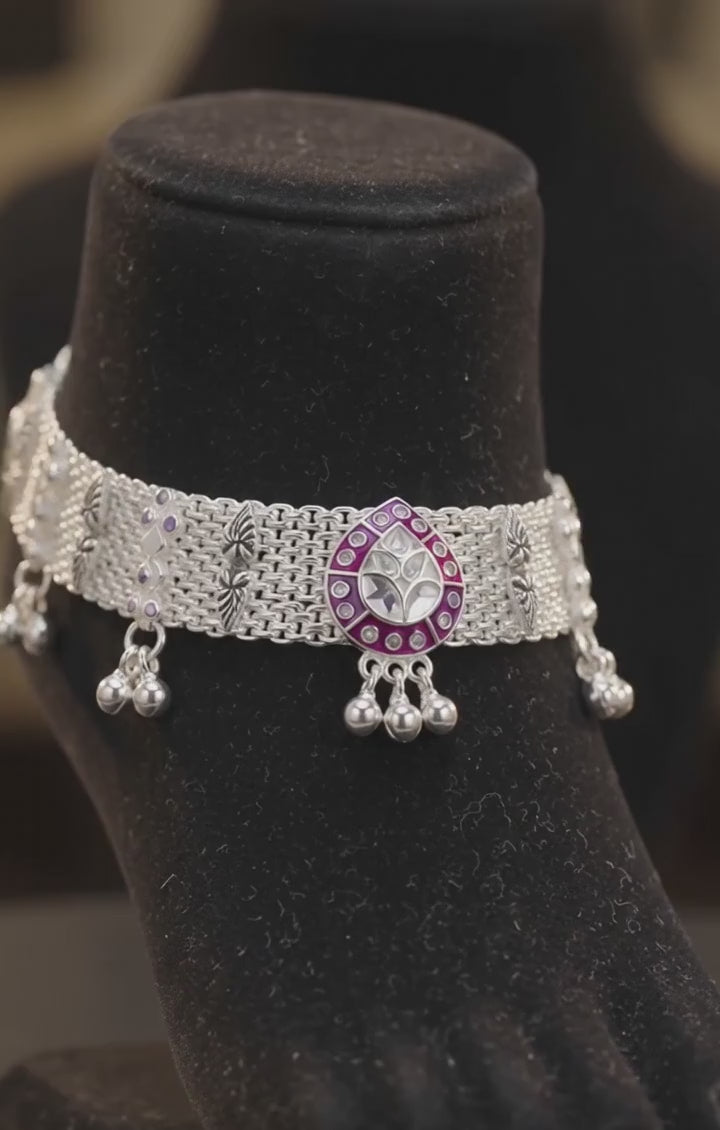 R Plus Royal Meenakari Bridal Payal - Heavy Wide Mesh Silver Plated Anklets with Maroon Enamel