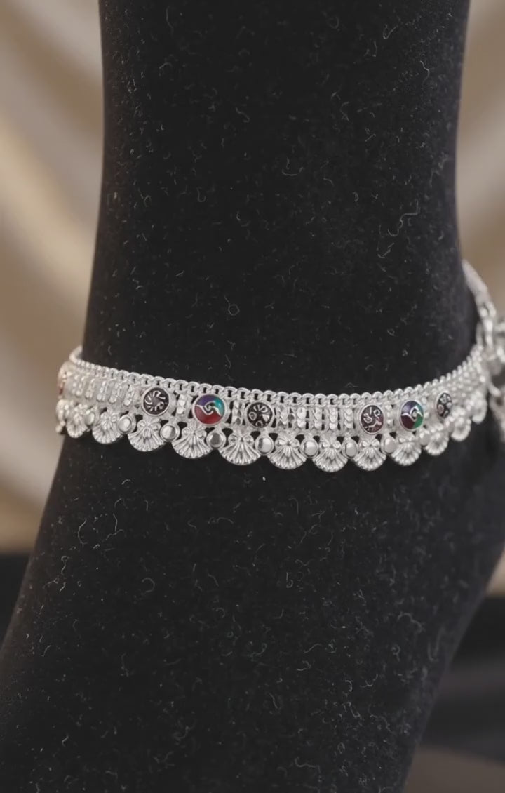 R Plus German Silver Mina OXO Anklets - Oxidized White Silver Plated Wide Payal (Pair)
