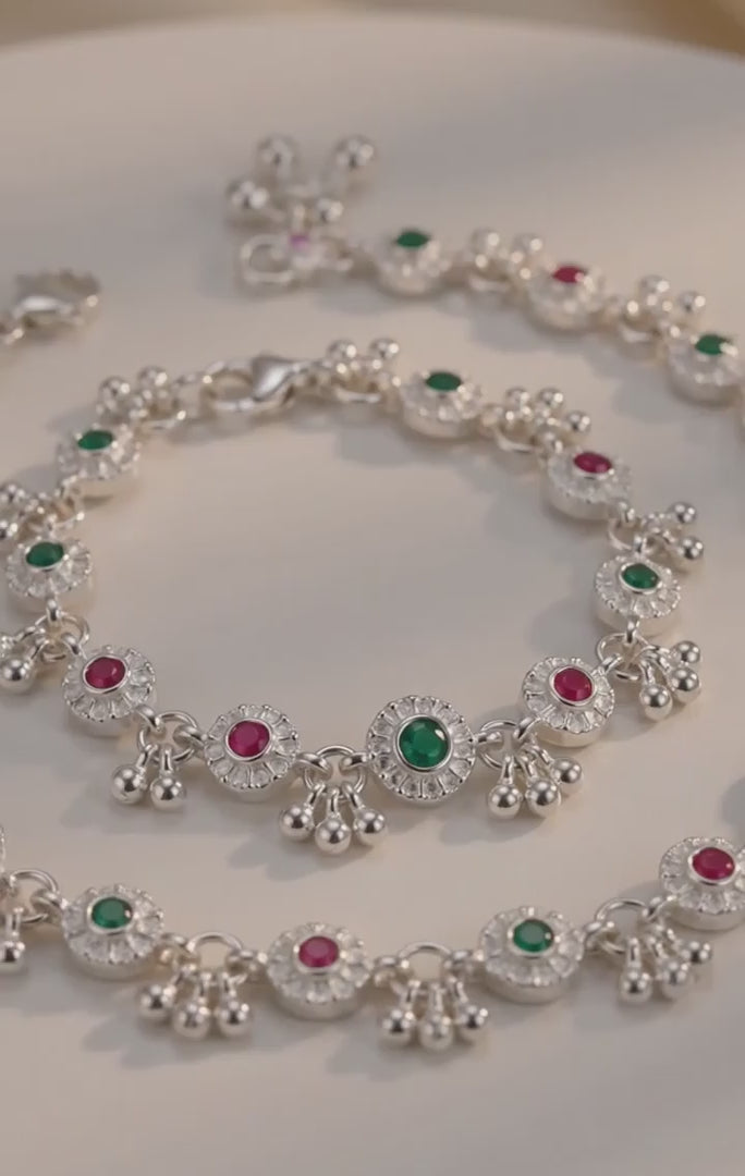 Premium German Silver White Metal Payal with Multicolor Stone Design & Elegant Traditional Finish