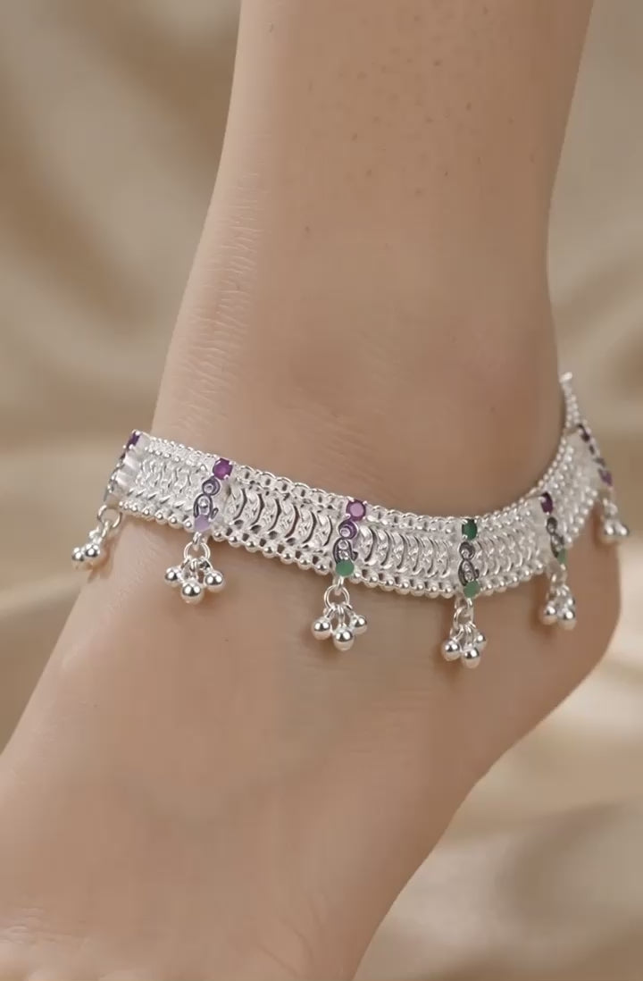 Traditional Silver Payal with Colorful Meenakari Accents | Heavy Bridal Anklets with Hanging Ghungroo | Ethnic Stone-Studded Indian Leg Chains for Women
