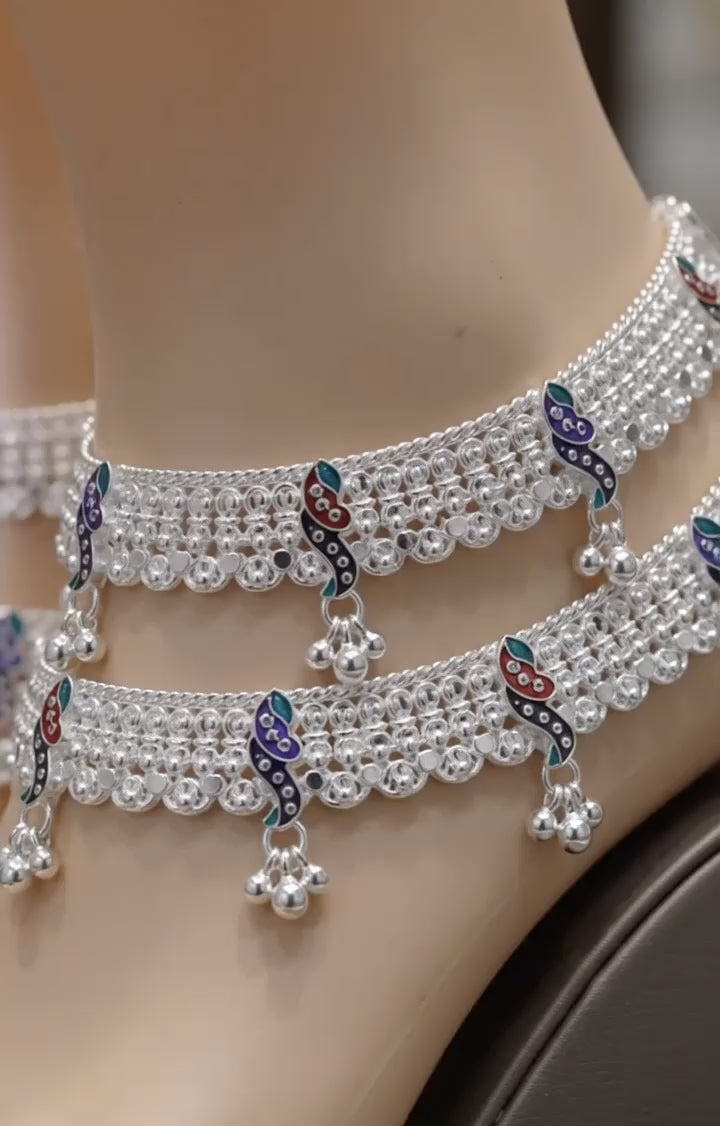 Exquisite Indian Bridal Silver Payal Set – Heavy Fancy Anklets with Vibrant Meenakari Work
