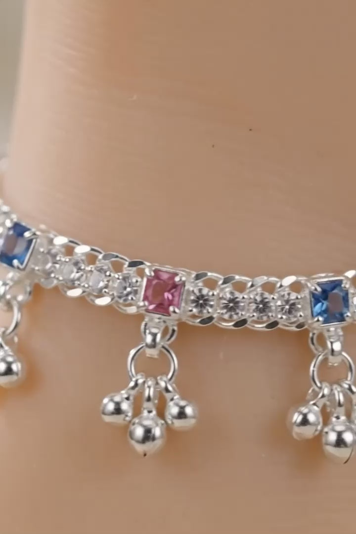 Royal Charm Color Stone Payal Pair – Traditional Silver Look Anklet