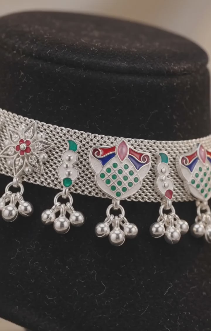 R Plus Royal Meenakari Bridal Payal - Heavy German Silver Mesh Anklets with Multicolor Inlay