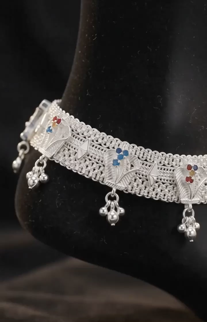 R Plus Royal Meenakari Bridal Payal - Heavy Wide Mesh Silver Plated Anklets with Maroon Enamel