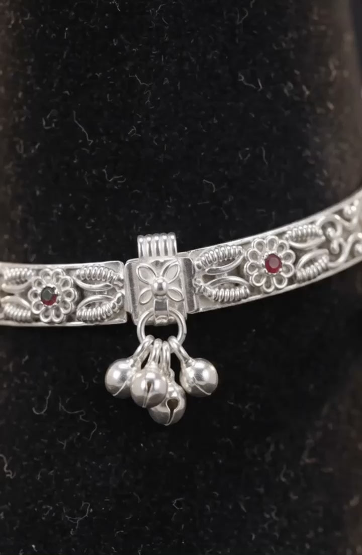 R Plus Vintage "Kada" Style Anklets - Premium Silver Plated Rigid Payal for Weddings & Festivals