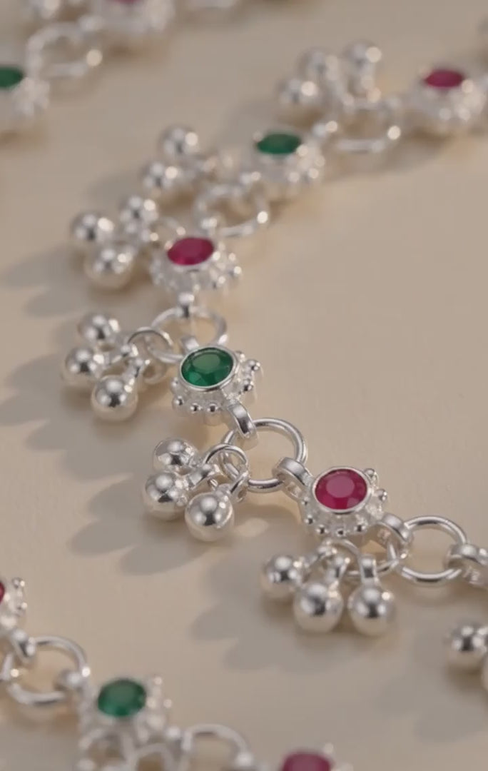 Premium German Silver White Metal Payal with Multicolor Stone Design & Elegant Traditional Finish