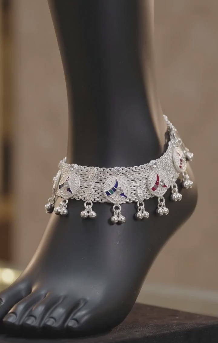 R Plus Royal Meenakari Bridal Payal - Heavy Wide Mesh Silver Plated Anklets with Maroon Enamel