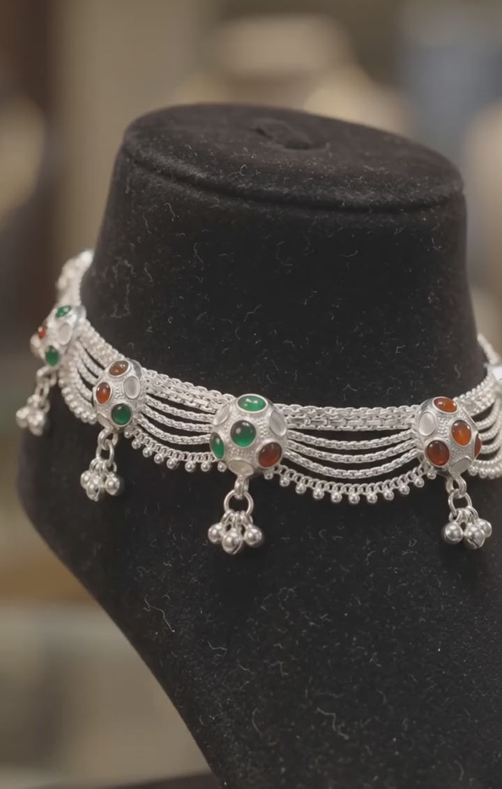 R Plus Heavy Multi-Layered Silver Plated Payal - Traditional 80-150g Bridal Anklets with Ruby & Emerald Stones