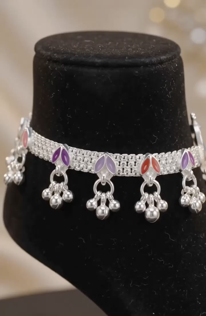 R Plus White Silver Plated Anklets - Peacock Design Jasti Payal with Ghungroo Charms (Pair)