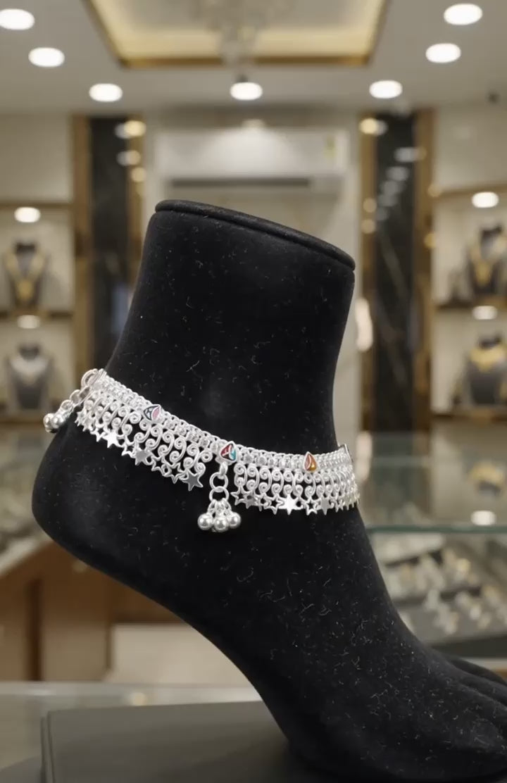 R Plus German Silver Daliya Sitara Anklets - Wide Star-Cut Silver Plated Payal (Pair)