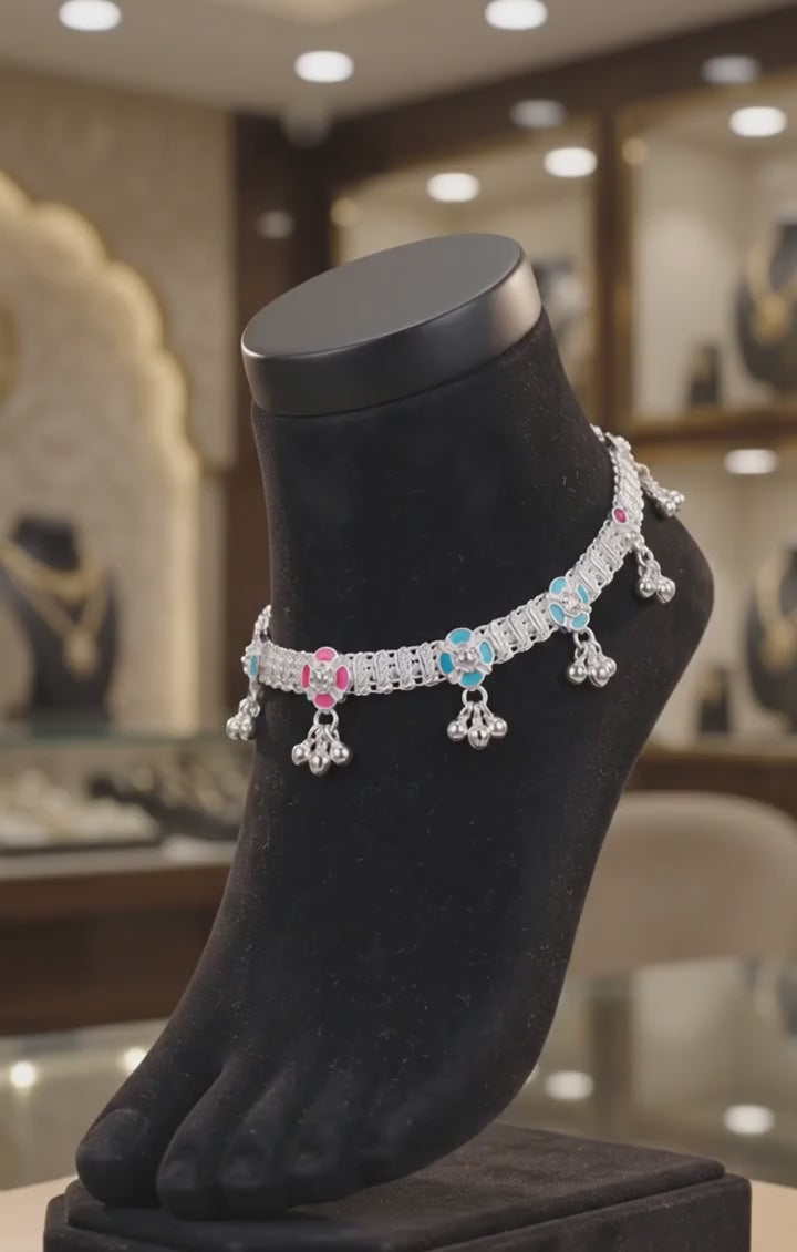Elegant German Silver Fancy Payal | 0 Touch Silver Plated Artificial Anklet